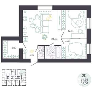 2-к квартира, вторичка, 65м2, 1/16 этаж