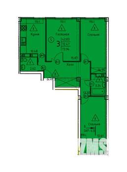 3-к квартира, строящийся дом, 74м2, 17/18 этаж