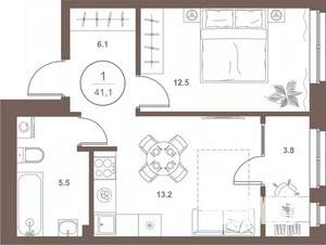 1-к квартира, вторичка, 41м2, 12/16 этаж