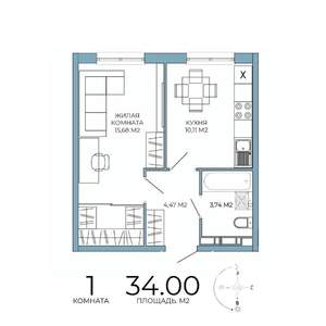 1-к квартира, строящийся дом, 34м2, 3/18 этаж