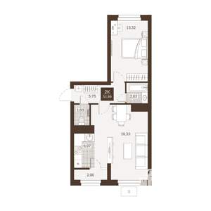 2-к квартира, вторичка, 52м2, 15/22 этаж