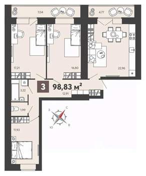 3-к квартира, вторичка, 99м2, 3/13 этаж