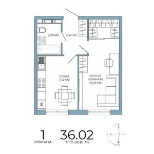 1-к квартира, строящийся дом, 36м2, 10/18 этаж