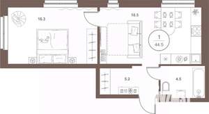 1-к квартира, вторичка, 45м2, 4/16 этаж