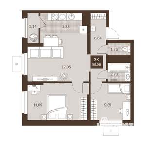 3-к квартира, вторичка, 59м2, 12/22 этаж