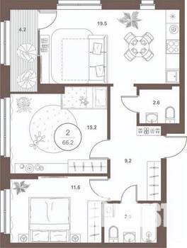 2-к квартира, вторичка, 66м2, 12/16 этаж