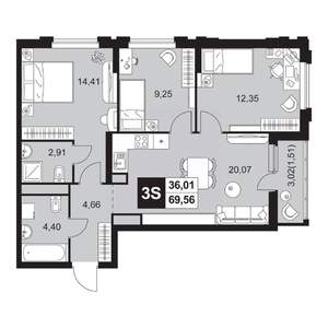 4-к квартира, вторичка, 70м2, 13/20 этаж