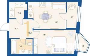 1-к квартира, вторичка, 47м2, 15/16 этаж