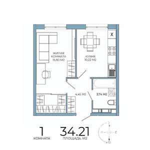 1-к квартира, строящийся дом, 34м2, 13/18 этаж