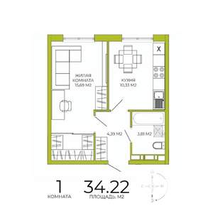 1-к квартира, строящийся дом, 34м2, 9/18 этаж
