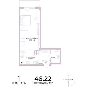 1-к квартира, строящийся дом, 46м2, 2/17 этаж