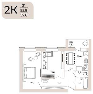 2-к квартира, вторичка, 58м2, 7/10 этаж
