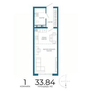 1-к квартира, строящийся дом, 34м2, 16/17 этаж