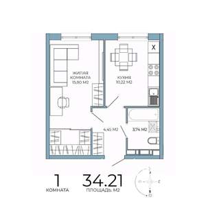 1-к квартира, строящийся дом, 34м2, 11/18 этаж