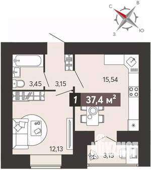 1-к квартира, вторичка, 37м2, 1/18 этаж
