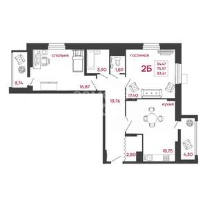 2-к квартира, вторичка, 83м2, 3/15 этаж