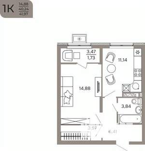 1-к квартира, вторичка, 42м2, 8/17 этаж