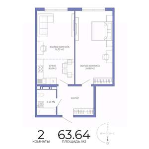 2-к квартира, вторичка, 64м2, 12/17 этаж