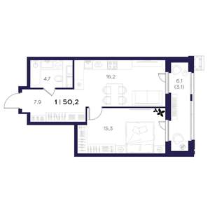 1-к квартира, вторичка, 50м2, 7/16 этаж