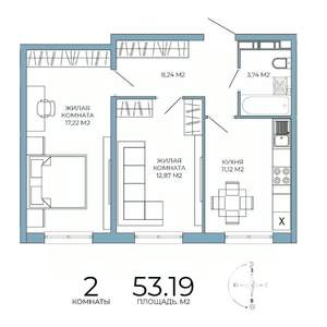 2-к квартира, строящийся дом, 53м2, 9/18 этаж