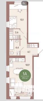 1-к квартира, вторичка, 50м2, 4/9 этаж