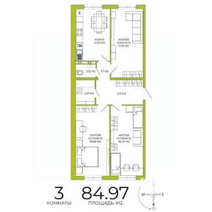 3-к квартира, строящийся дом, 85м2, 7/18 этаж