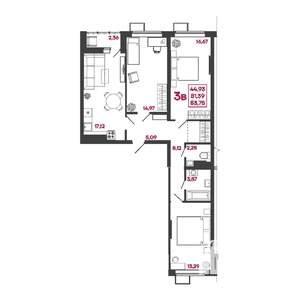 3-к квартира, вторичка, 84м2, 16/17 этаж