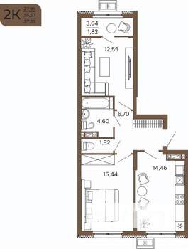 2-к квартира, вторичка, 57м2, 13/17 этаж