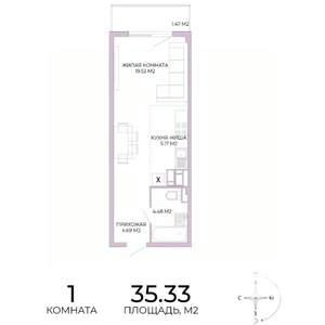 1-к квартира, строящийся дом, 35м2, 15/17 этаж