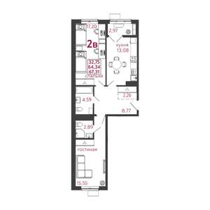 2-к квартира, вторичка, 67м2, 12/12 этаж