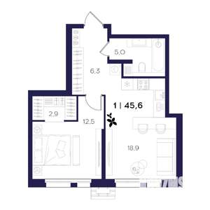 1-к квартира, вторичка, 46м2, 1/16 этаж