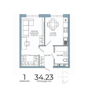 1-к квартира, строящийся дом, 34м2, 6/18 этаж