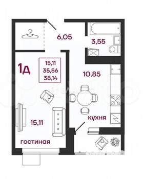 1-к квартира, сданный дом, 38м2, 13/17 этаж