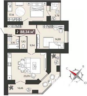 2-к квартира, вторичка, 88м2, 14/18 этаж