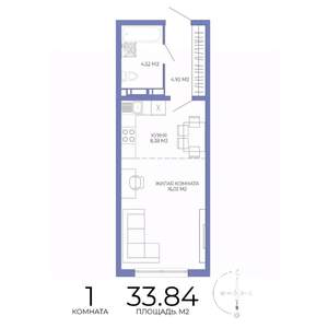 1-к квартира, строящийся дом, 34м2, 16/17 этаж