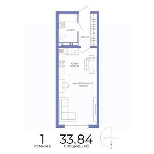 1-к квартира, строящийся дом, 34м2, 14/17 этаж