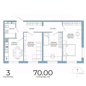 3-к квартира, строящийся дом, 70м2, 12/18 этаж