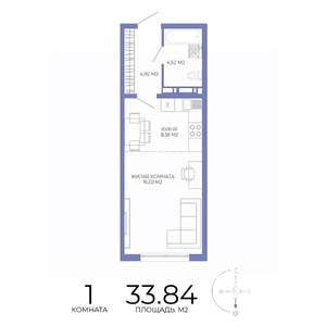 1-к квартира, строящийся дом, 34м2, 13/17 этаж
