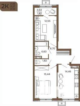 2-к квартира, вторичка, 57м2, 12/17 этаж