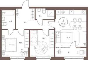 2-к квартира, вторичка, 67м2, 2/16 этаж