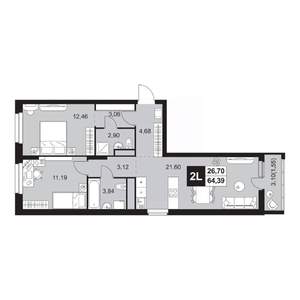 3-к квартира, вторичка, 64м2, 2/20 этаж