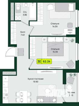 2-к квартира, строящийся дом, 62м2, 7/16 этаж