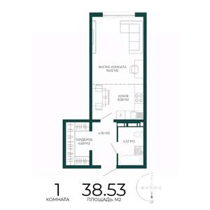 1-к квартира, строящийся дом, 39м2, 12/17 этаж