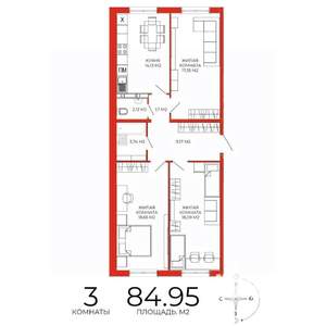 3-к квартира, строящийся дом, 85м2, 13/18 этаж