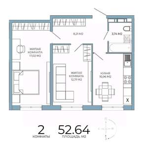 2-к квартира, строящийся дом, 53м2, 2/18 этаж