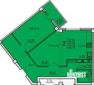 2-к квартира, вторичка, 61м2, 13/18 этаж