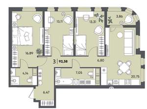 3-к квартира, вторичка, 92м2, 6/18 этаж