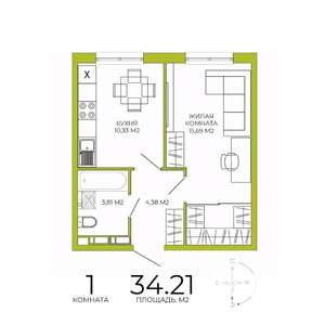 1-к квартира, строящийся дом, 34м2, 8/18 этаж