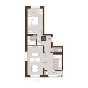 2-к квартира, вторичка, 53м2, 6/22 этаж
