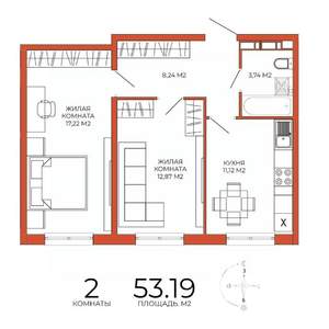 2-к квартира, строящийся дом, 53м2, 18/18 этаж